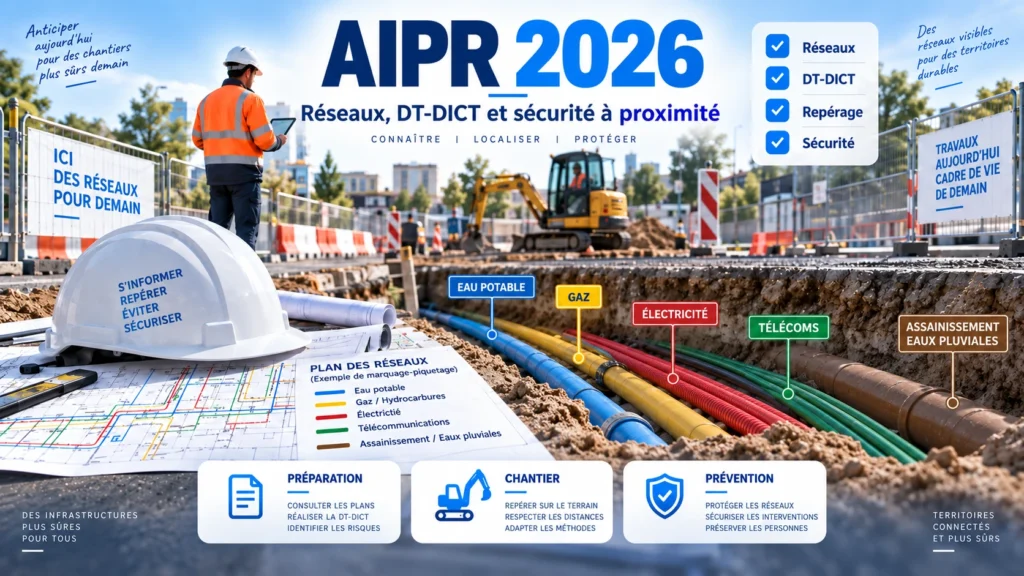 Tranchée avec réseaux eau, gaz, électricité et télécoms sur un chantier AIPR