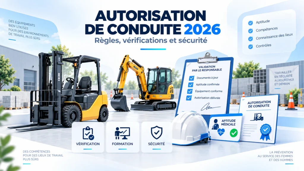 Engins de chantier, chariot élévateur, PEMP et grue illustrant les évolutions CACES® 2026