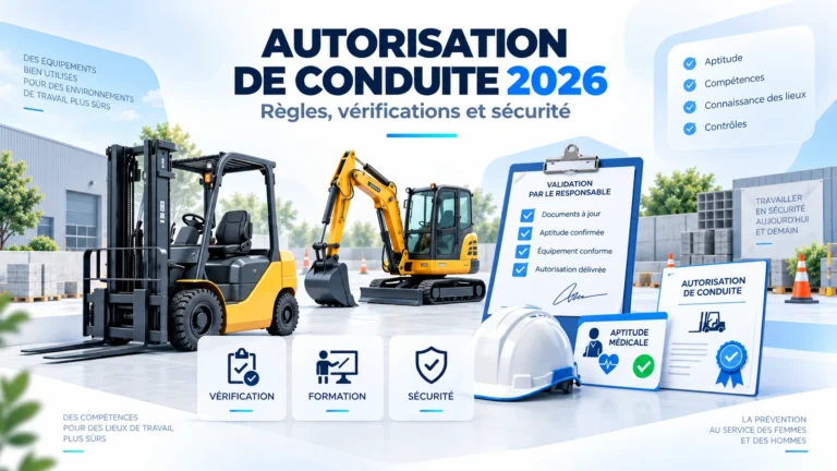 Engins de chantier, chariot élévateur, PEMP et grue illustrant les évolutions CACES® 2026