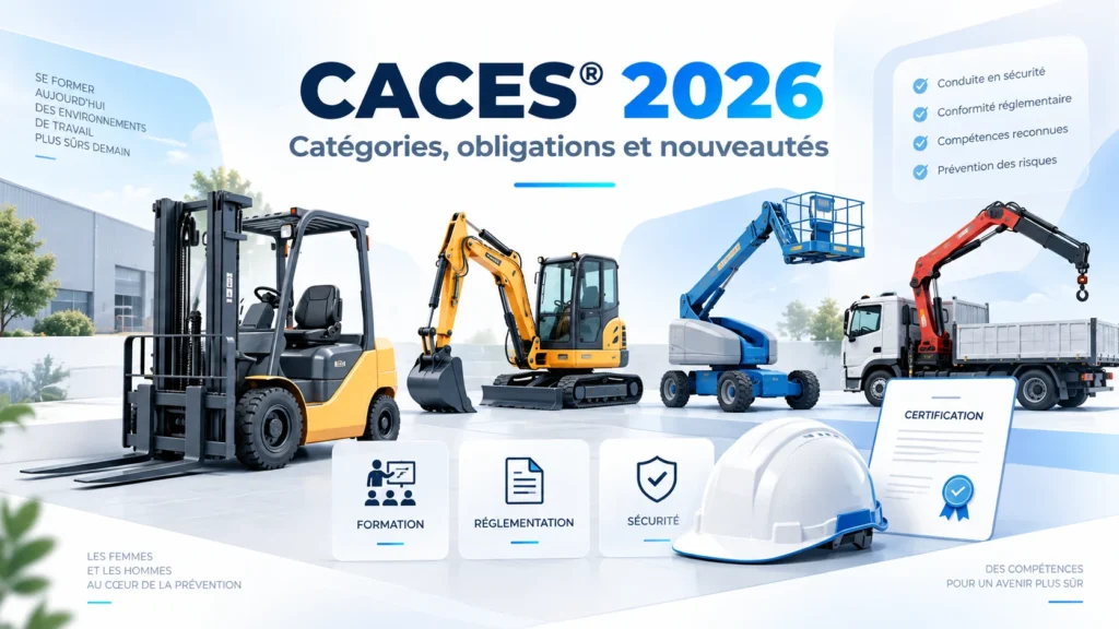 Engins de chantier, chariot élévateur, PEMP et grue illustrant les évolutions CACES® 2026