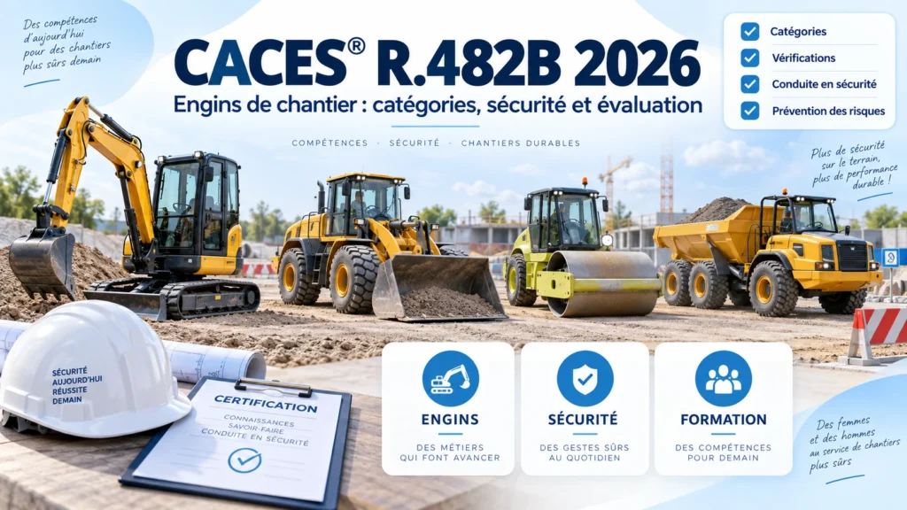 Pelle, chargeuse, compacteur et tombereau représentant les catégories CACES® R.482B