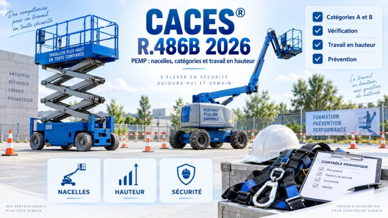 Nacelle à ciseaux, PEMP articulée et harnais pour la formation CACES® R.486B