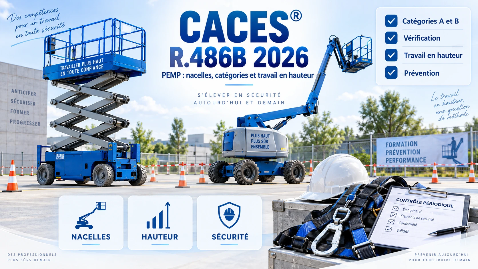 Nacelle à ciseaux, PEMP articulée et harnais pour la formation CACES® R.486B