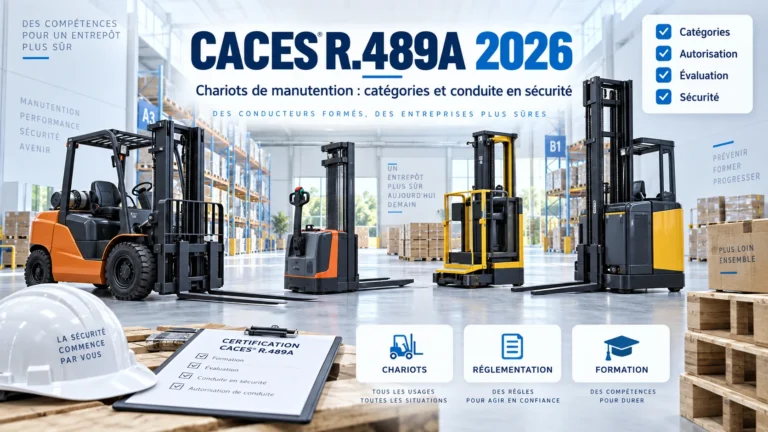 Différents chariots de manutention dans un entrepôt pour la formation CACES® R.489A