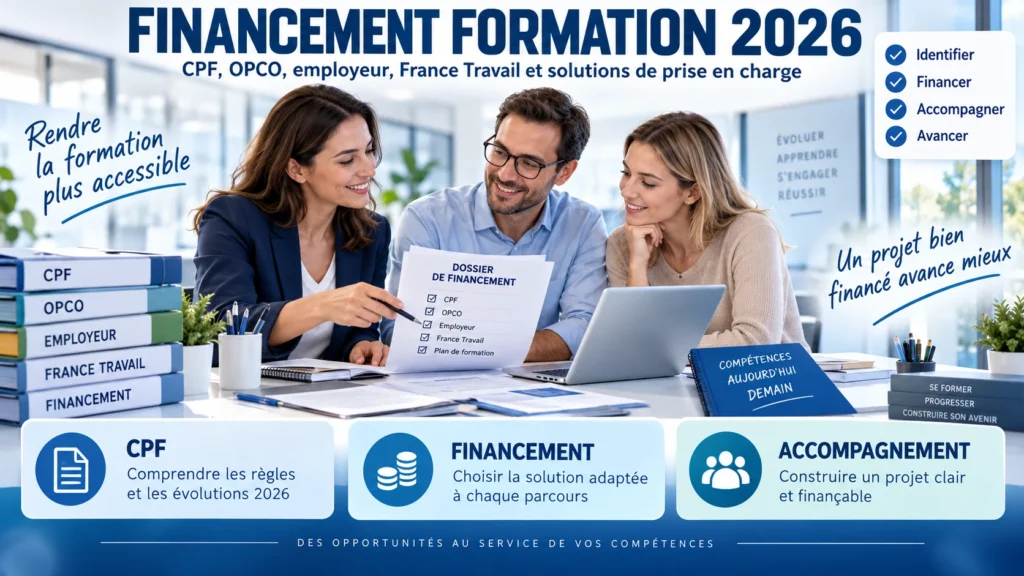 Conseillers étudiant un dossier de financement de formation avec CPF, OPCO et France Travail