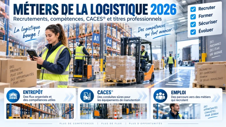 Préparatrice de commandes, cariste et entrepôt illustrant les métiers de la logistique en 2026