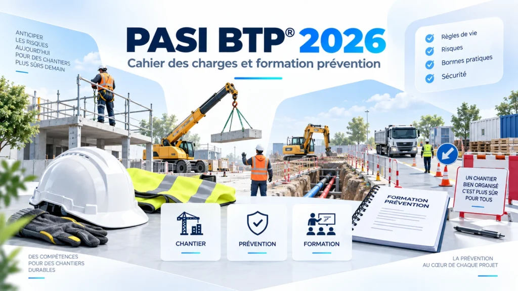 Chantier BTP avec engins, levage, tranchée et salariés illustrant la formation PASI BTP® 2026