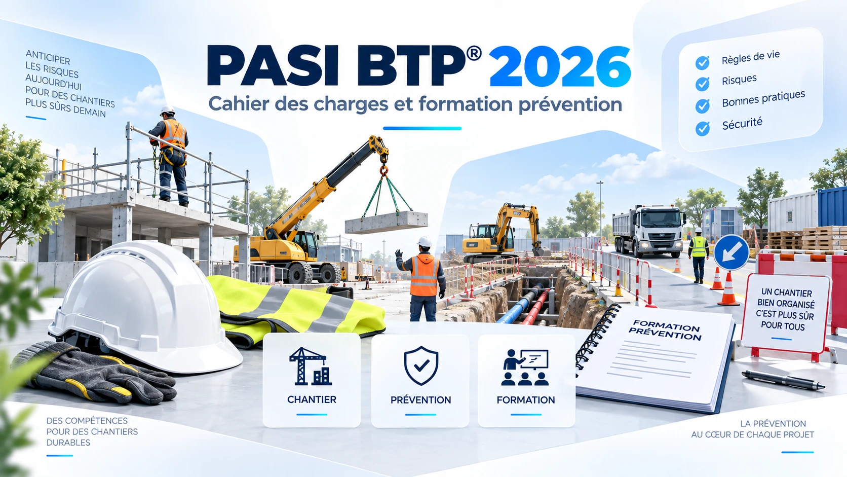 Chantier BTP avec engins, levage, tranchée et salariés illustrant la formation PASI BTP® 2026