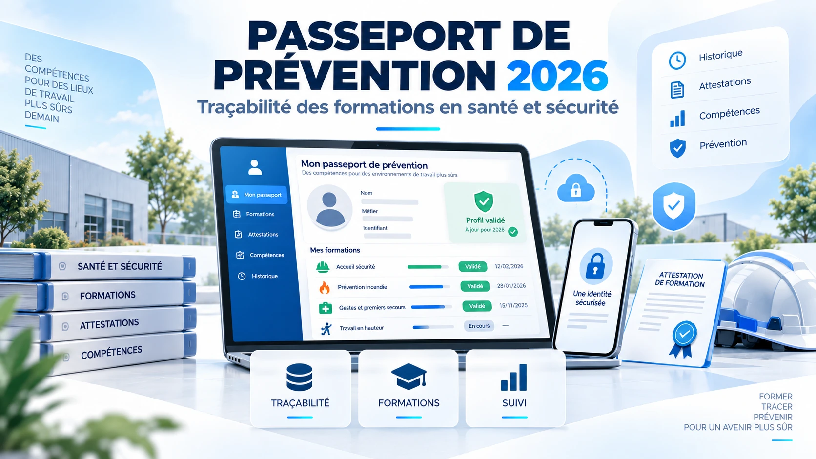 Interface numérique du Passeport de prévention avec formations, attestations et suivi des compétences