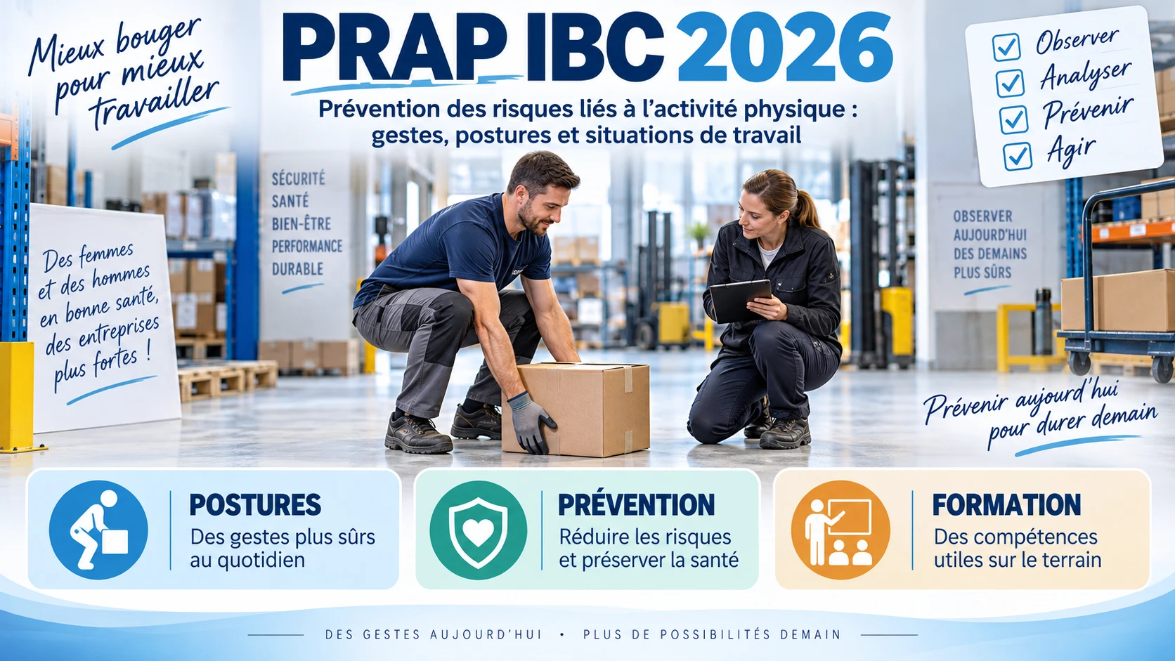 Salarié manipulant un carton sous observation lors d’une formation PRAP IBC en entrepôt
