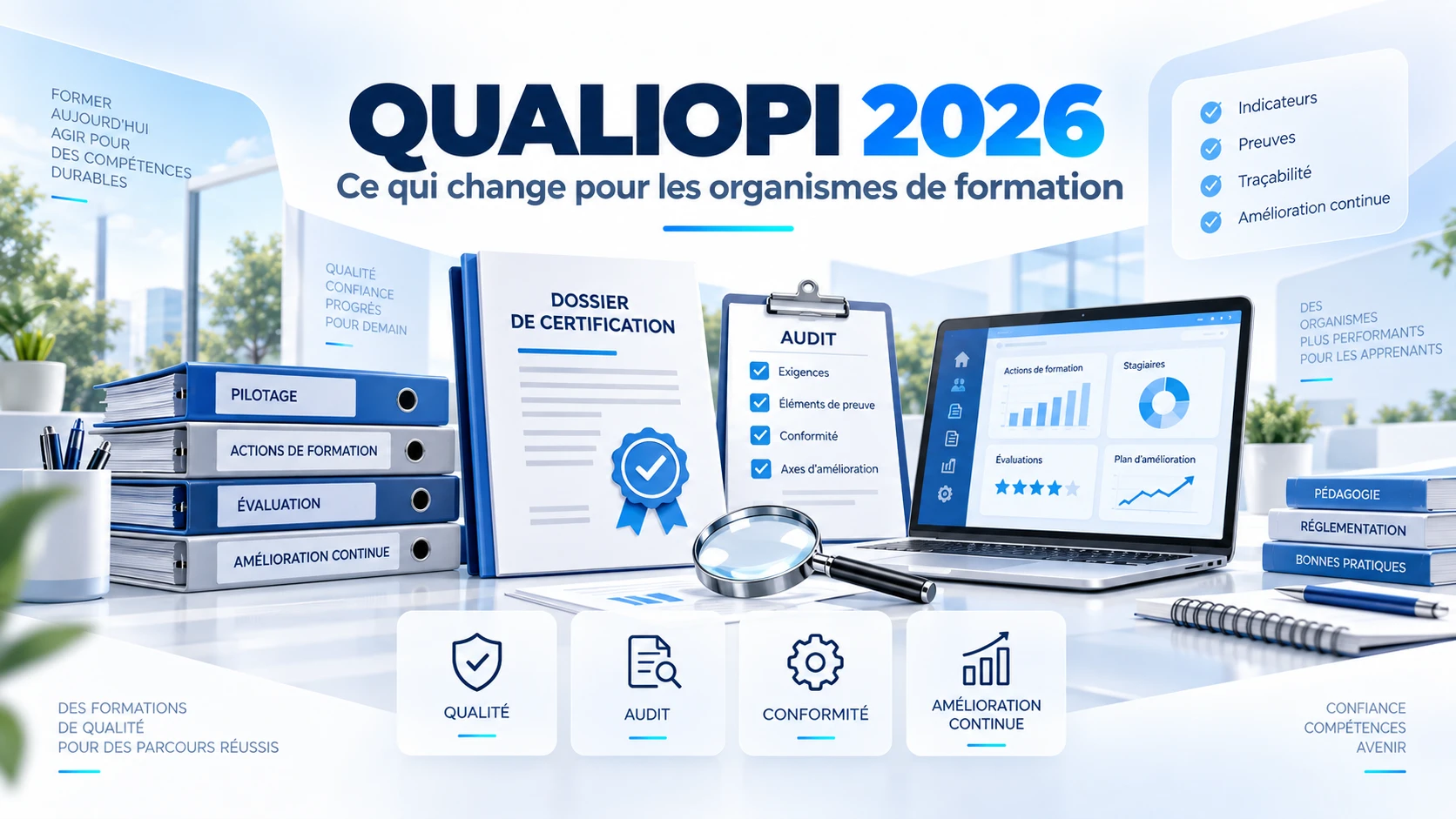 Dossier de certification, audit et tableau de bord illustrant les exigences Qualiopi 2026