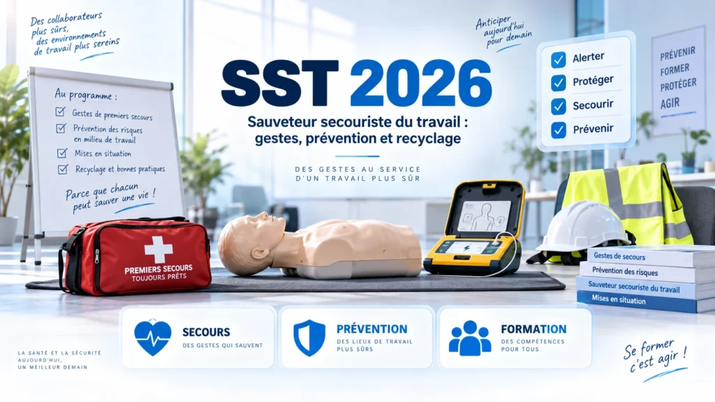 Mannequin de secourisme, défibrillateur et trousse de premiers secours pour une formation SST