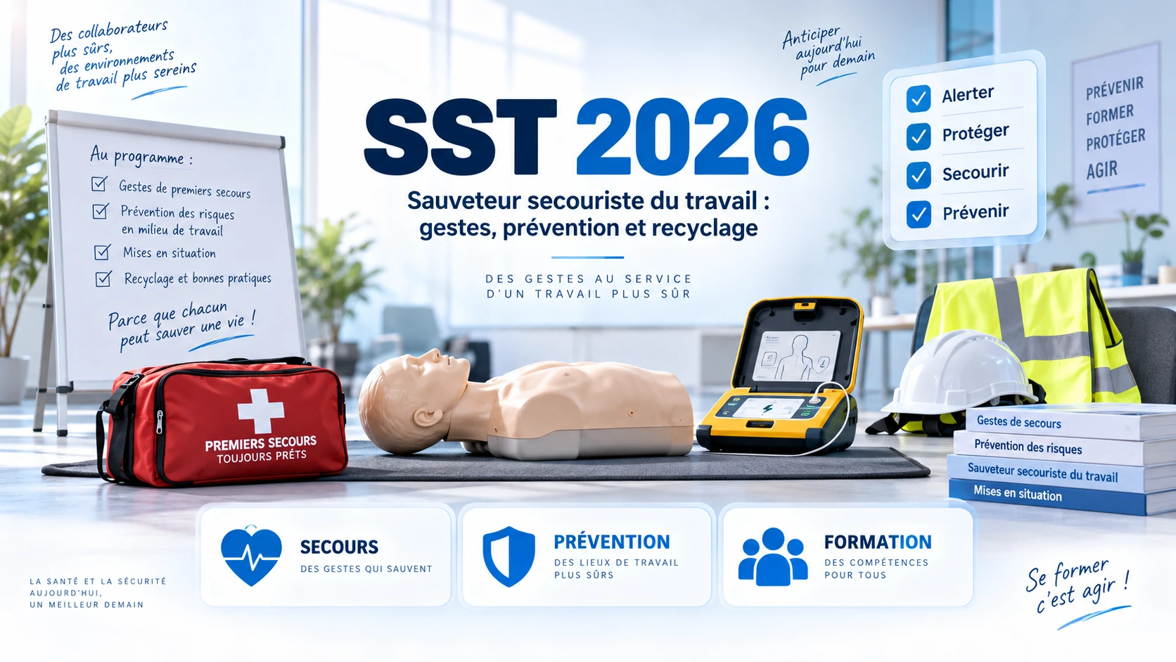 Mannequin de secourisme, défibrillateur et trousse de premiers secours pour une formation SST