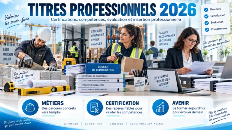Professionnels du BTP, de la logistique et de l’administration illustrant les titres professionnels