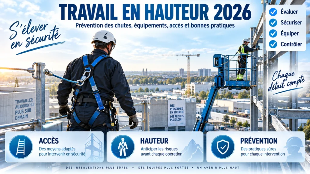 Travailleur équipé d’un harnais antichute et opérateur sur PEMP lors d’un travail en hauteur