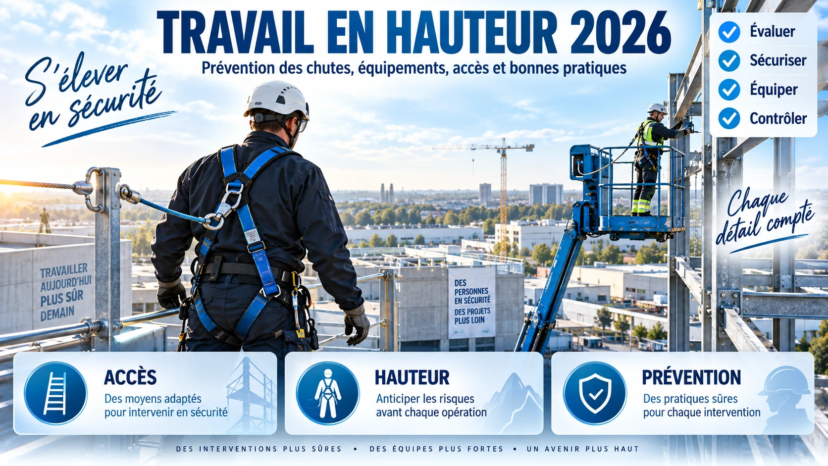 Travailleur équipé d’un harnais antichute et opérateur sur PEMP lors d’un travail en hauteur